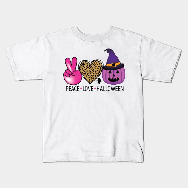 Peace Love Halloween Purple Witch Jack o lantern Kids T-Shirt by SandiTyche